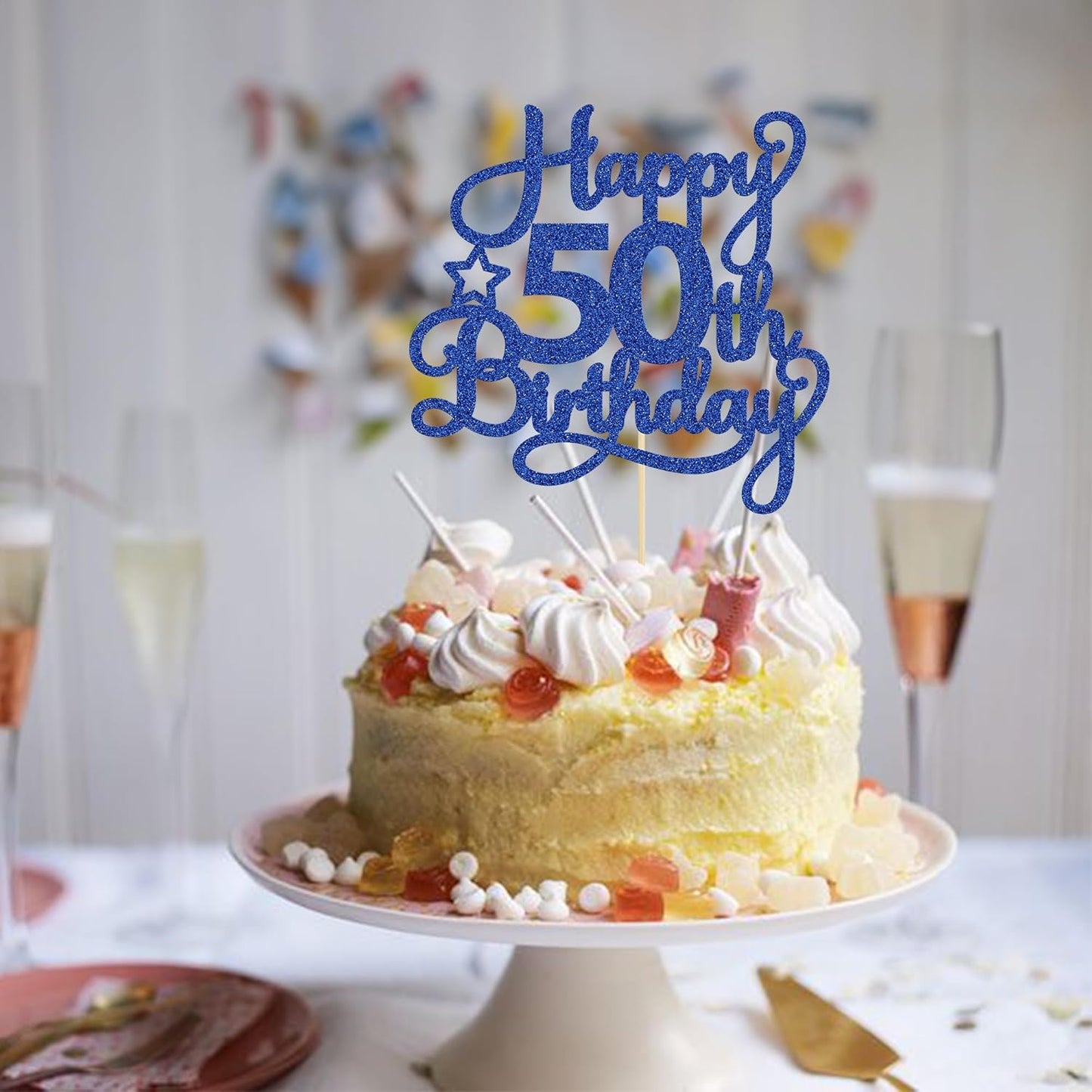 1 Pack Happy 50th Birthday Cake Topper Blue Glitter 50 & Fabulous Cheers to 50 Years Old 50th Birthday Cake Pick for Celebrating 50th Birthday Anniversary Party Cake Decorations Supplies