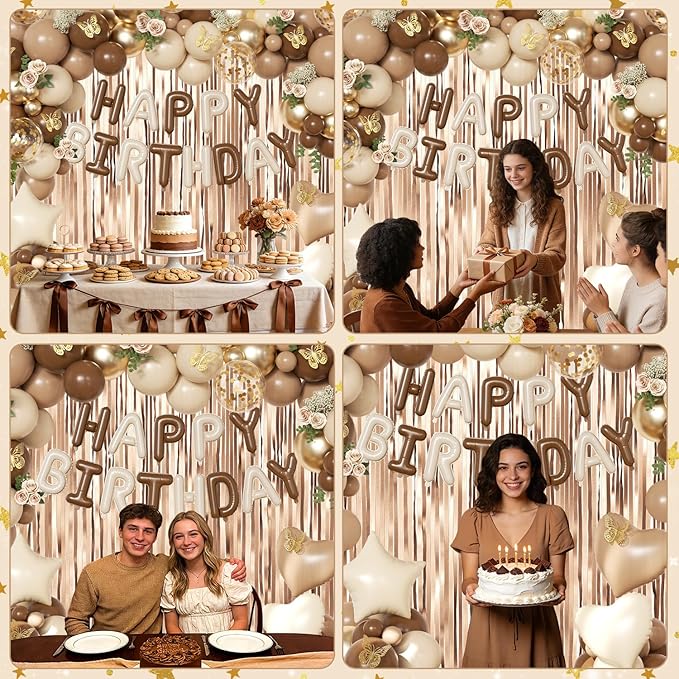Brown Birthday Decorations, Brown Tan Beige Gold Foil Confetti Balloons Happy Birthday Banner Gold Butterfly Fringe Curtains Birthday Decorations for Women Girls