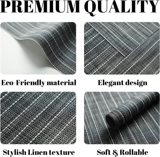 Placemats Set of 12 Vinyl/Plastic Woven Place Mats for Kitchen Table Indoor/Outdoor Washable Placemat Wipeable Dining Table Mats (Black Stripes,12)
