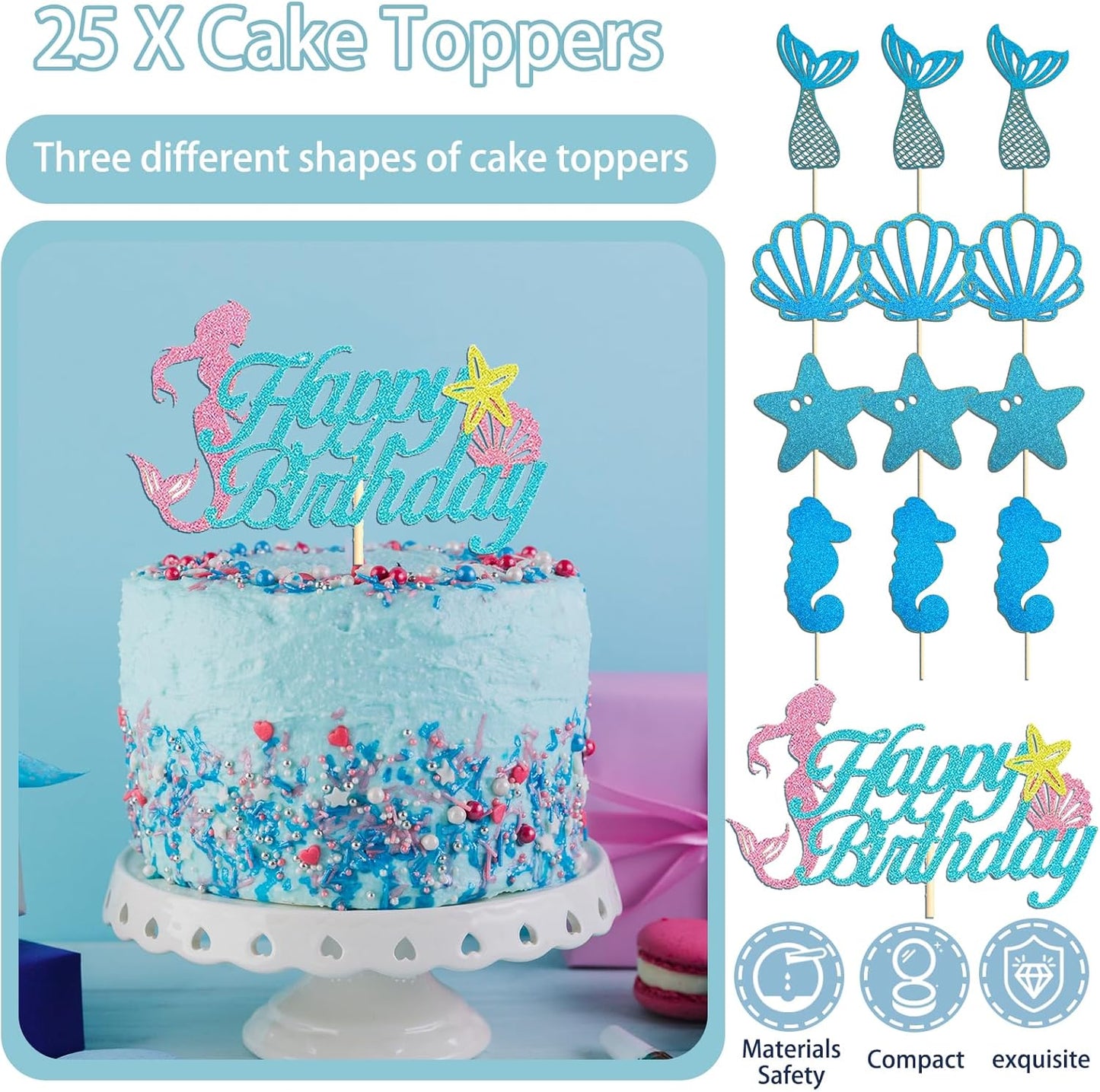 299 Pcs Mermaid Birthday Decorations, Mermaid Party Decorations Kit - Disposable Dinnerware Set with 25 Guests, Backdrop, Balloon, Banner, Tablecloth, Knives, Forks, Spoons, CakeTopper