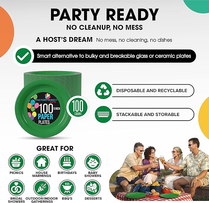 Exquisite Party Solids Emerald Green Paper Plates Disposable Heavy Duty 9 Inch Emerald Green Disposable Plates For Party 100 Pcs Heavy Duty 350 GSM, Birthday Supplies