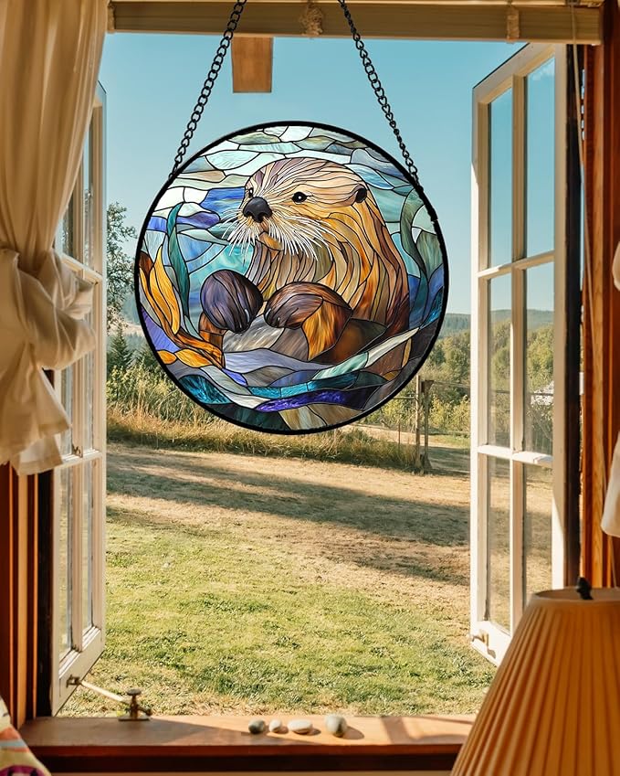 Stained Glass Suncatcher, Blue Ocean Cute Sea Otter Sun Catcher Stain Glass Window Hanging Decoration Mother's Day Birthday Gifts for Women Men Mom Nana 6.3 in