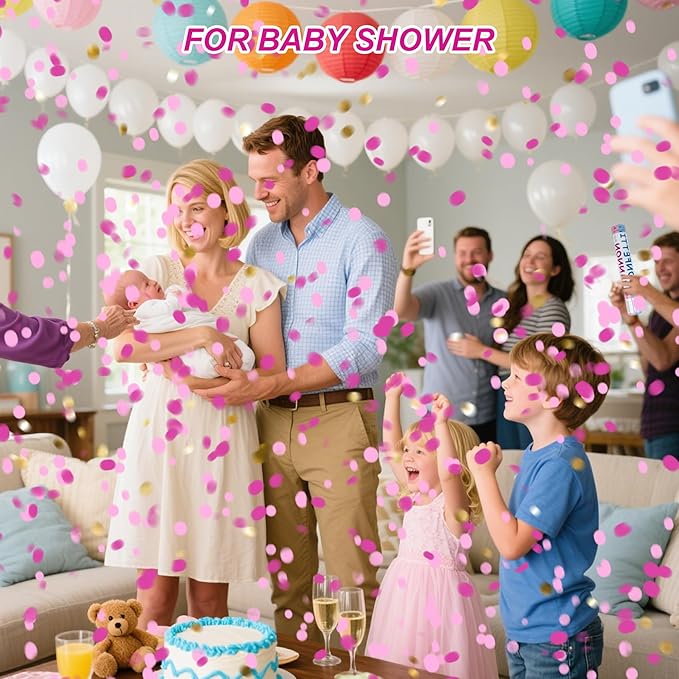 4 Pack Gender Reveal Confetti Cannon, 12 in Pink Round Shaped Paper Party Poppers Cannons, Confetti Poppers For Baby Boy Girl Gender Reveal Baby Showers (Round, Pink)