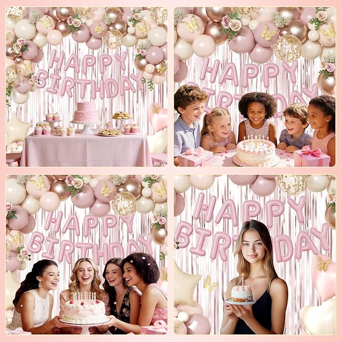 Dusty Pink and Gold Birthday Decorations for Women Girls, Dusty Pink Blush Rose Gold Sand White Gold Foil Confetti Balloons Happy birthday Banner Gold Butterfly Fringe Curtains Birthday Decorations