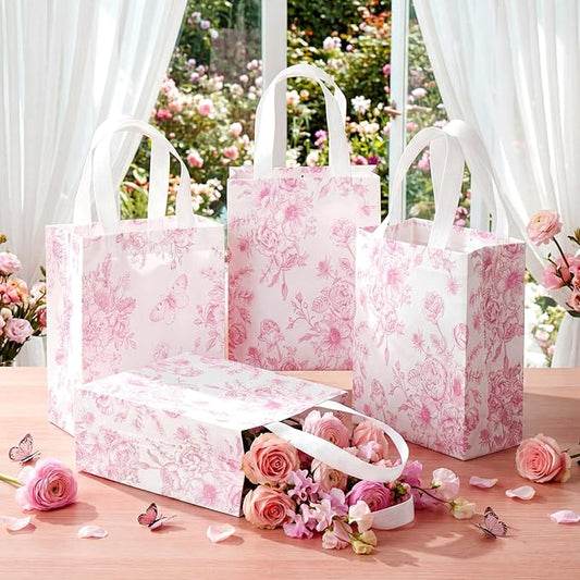 Wovnet 30 Pcs Pink Floral Gift Bags Bulk Reusable Non Woven Vintage Floral Tote Treat Goodie Candy Bags with Handles Spring Flowers Party Favors Pouch for Bridal Shower Wedding 10 x 8 x 4 Inch