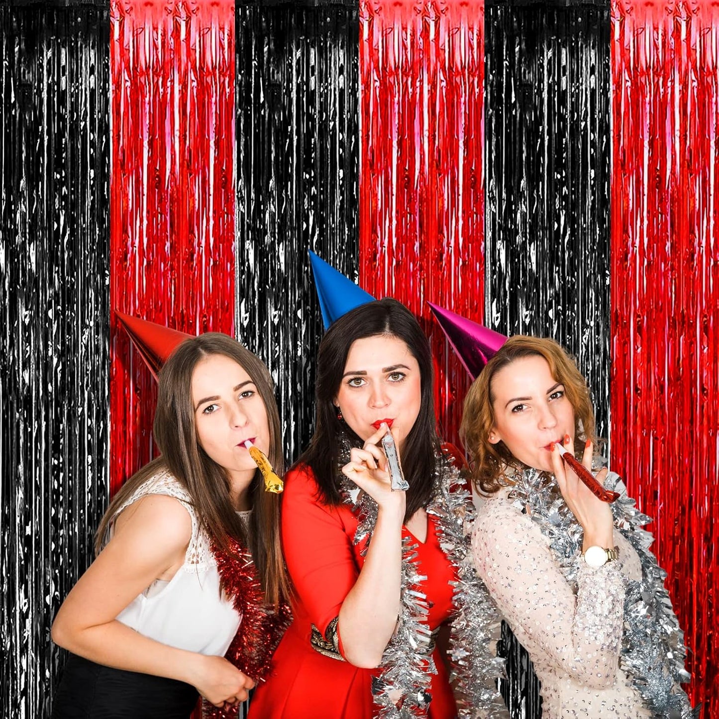 4 Pack 3.2Ft x 6.6Ft Black Red Foil Fringe Curtain Backdrop, Metallic Tinsel Foil Fringe Streamers Curtains Background for Casino Viva Las Vegas Game Night Birthday Party Decoration