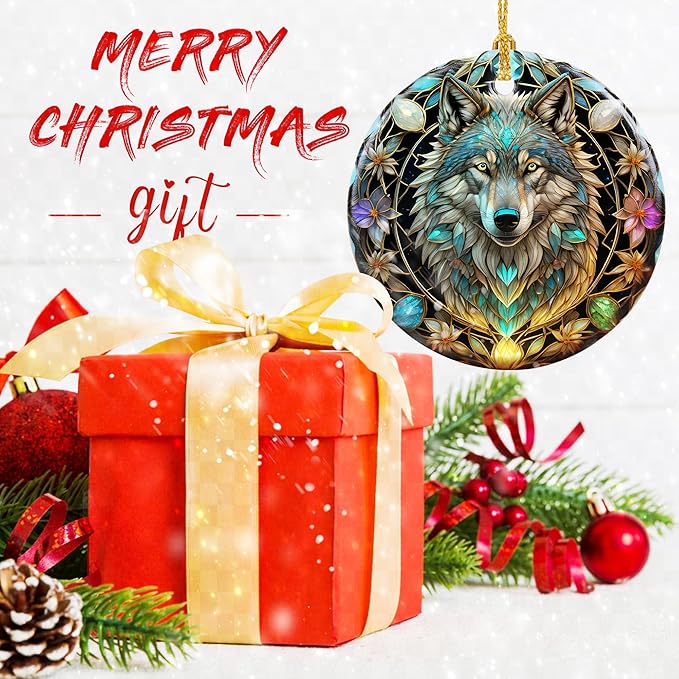 Stained Ceramic Wolf Ornament - Wolf Christmas Ornaments - Christmas Tree Ornaments - Christmas Decorations - Wolf Decor for Office, Room, Home - Holiday Present Ideas