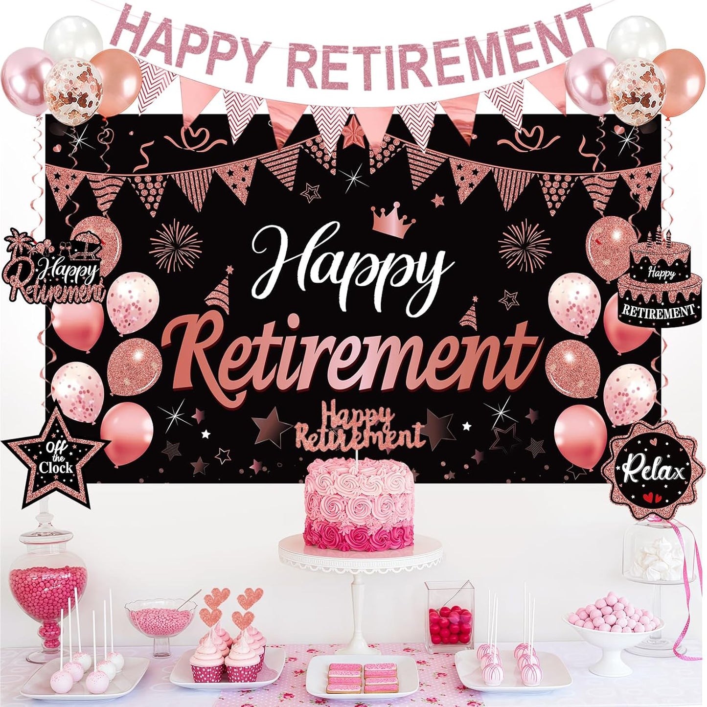 Rose Gold Retirement Party Decorations for Women, Retired Crown and Sash Retirement Backdrop Balloons Cake Toppers Hanging Swirls Retired Parties Supplies 24PCS
