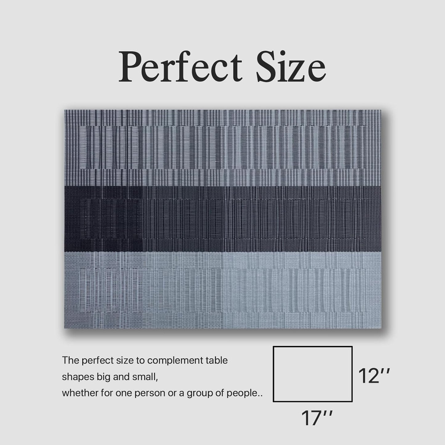 Placemats Set of 6 - Easy Clean Woven Vinyl Placemats for Dining Table, Indoor/Outdoor Place Mats, Washable PVC Table Mats (Silver Gray Black)