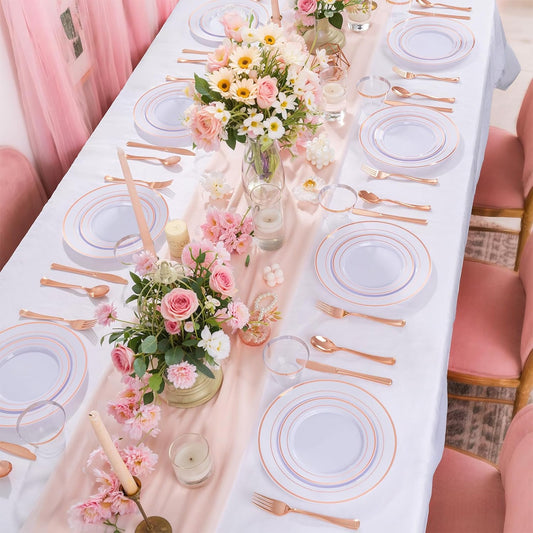 WELLIFE 450 PCS Rose Gold Disposable Dinnerware Set for 75 Guests, Mothers Day Plates, 75 Dinner & Salad Plate, Cups, Forks Knives Spoons for Wedding Reception and Valentine's Day