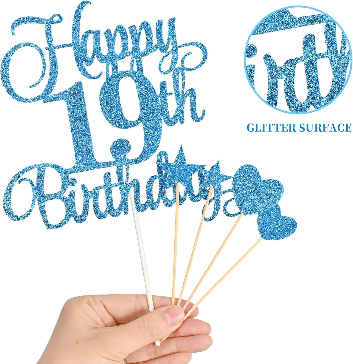 19th Birthday Cake Decorations, 19th Birthday Candles Cake Numeral Candles and Glitter Happy 19th Birthday Cake Toppers Set for Birthday Party Supplies (Blue)
