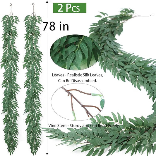 Mizii 2 Strands Artificial Vines Willows Garland 78" Fake Vine Italian Ruscus Silk Green Leaves Faux Hanging Plants Greenery Decoration for Table Centerpieces Home Room Party Wedding Decor (Willows)