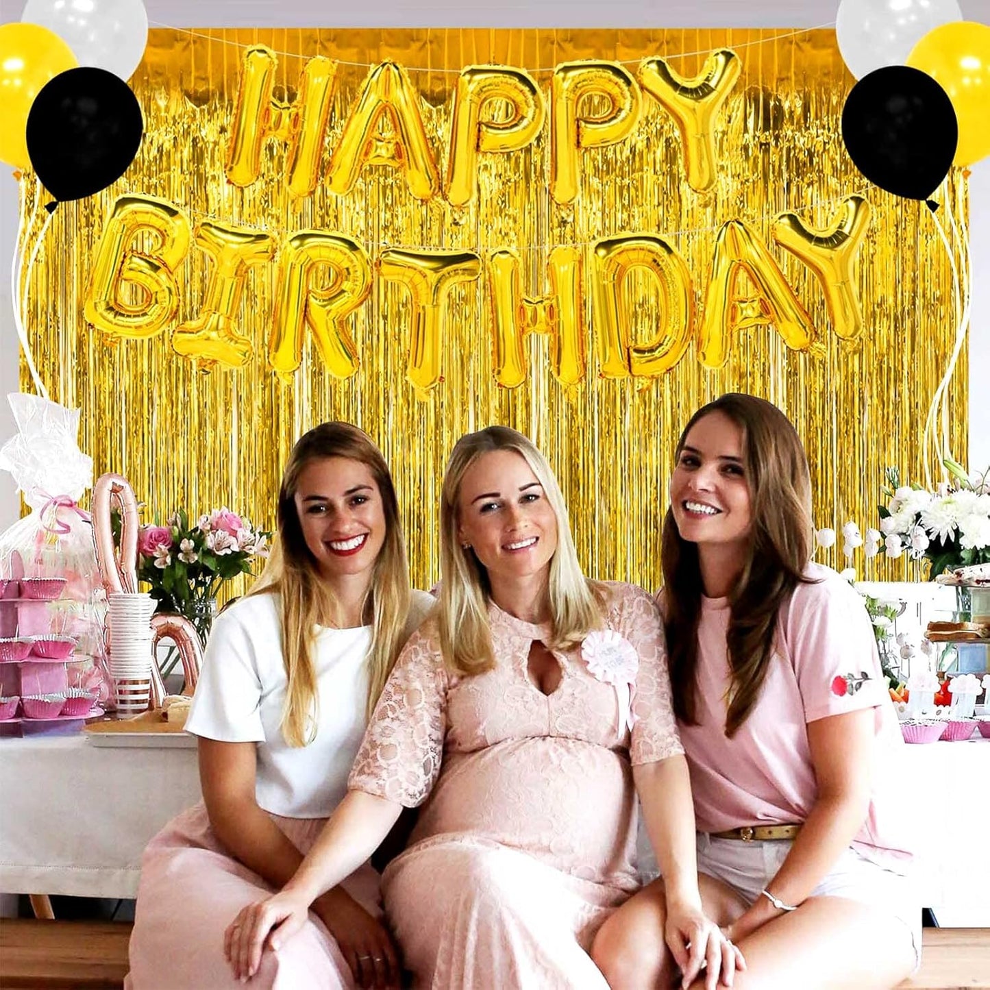 4 Pack Gold Foil Fringe Curtain Backdrop, 3.28Ft x 6.56Ft Metallic Tinsel Foil Fringe Streamers Curtains for Photo Booth, Wedding, Thanksgiving, Birthday, Christmas, Halloween Party Decoration