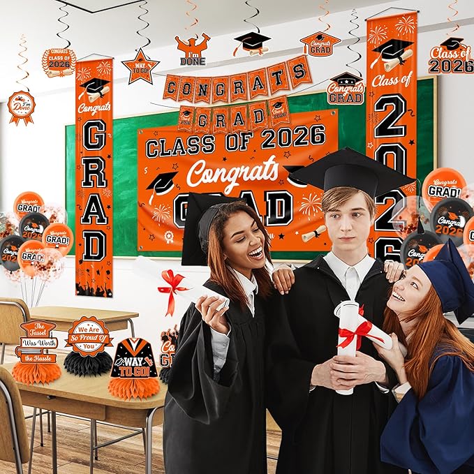 Graduation Decorations Class of 2026 Orange Graduation Party Decor Set include Congrats Grad Banner Backdrop Class of 2026 Balloons Party Supplies