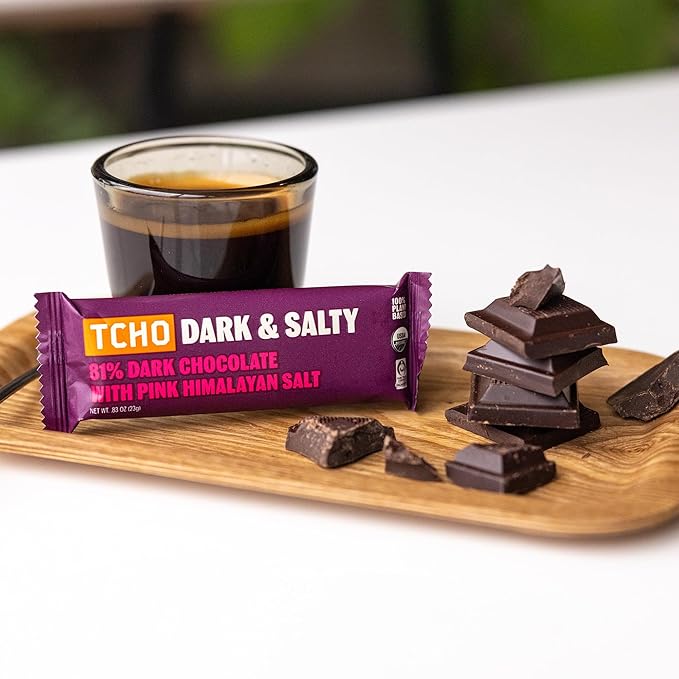 TCHO Dark & Salty Chocolate Bars - Organic 81% Dark Chocolate with Pink Himalayan Salt - Individually Wrapped 100% Plant-Based Pure Cacao Bars for Guilt-Free Indulgence (18-Pack)