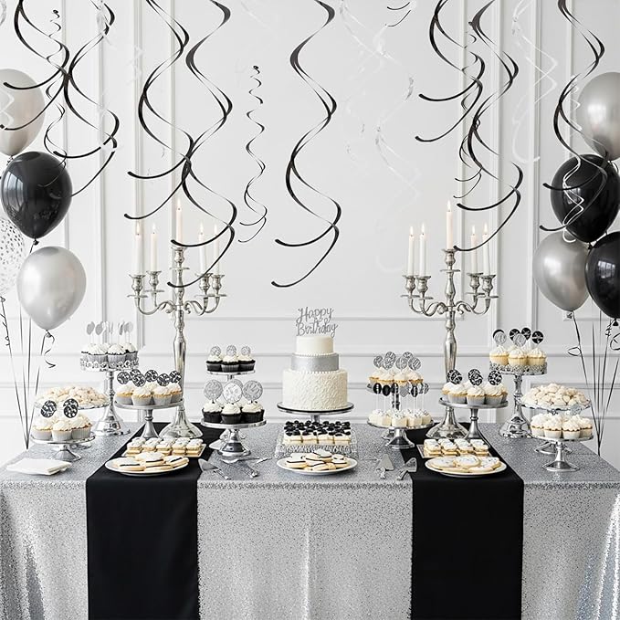 BEISHIDA Black Silver Hanging Swirls Party Decorations Plastic Streamer for Bachelorette Hanging Ornament Decorations, Retirement Wedding Birthday Graduation Party Supplies, Pack of 20