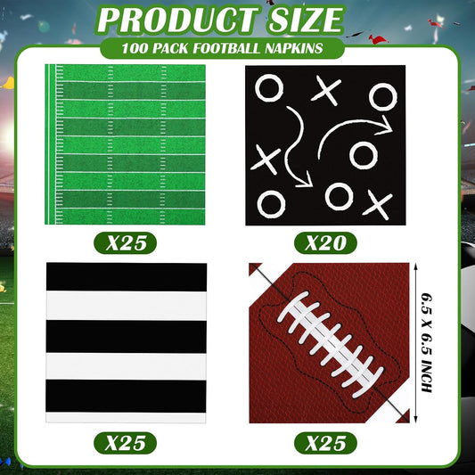 100 Pcs Football Themed Party Decorations Football Napkins Disposable 4 Designs Sports Party Supplies for Sports Game Events Supplies Birthday Tailgate Decorations