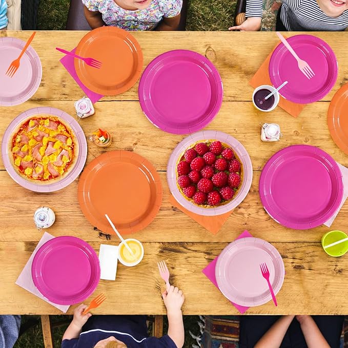 Grencian Pink and Orange Party Decorations Supplies - 96Pcs Solid Color Paper Plates and Napkins Neon Disposable Hot Pink Orange Tableware Sets for Sunset Theme Birthday Party Decorations Serves 24