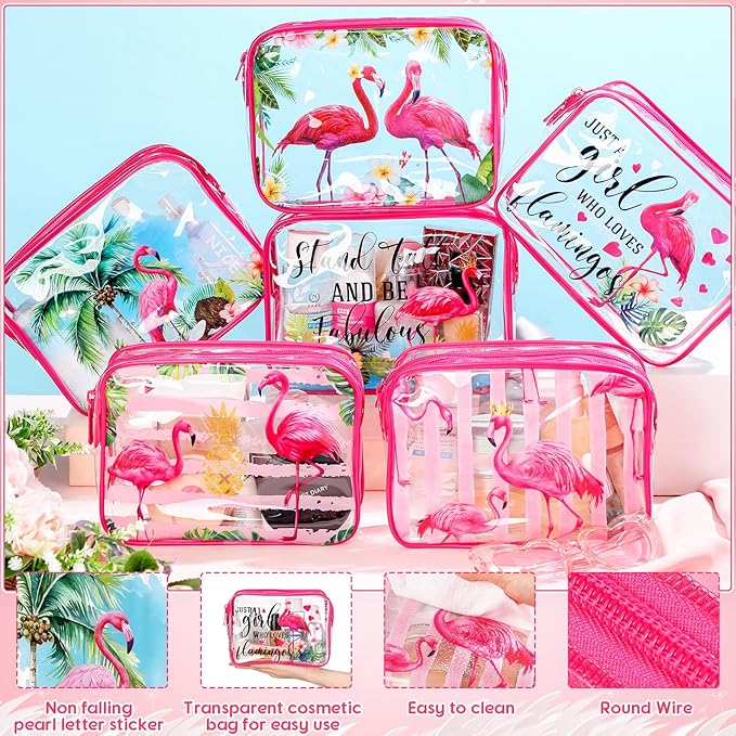 Cunno 6 Pcs Makeup Bags Gifts for Women Preppy Boho Smile Face Flamingo Clear Makeup Bags Cosmetic Transparent PVC Travel Toiletry Organizer for Birthday Party Favor(Flamingo Style)