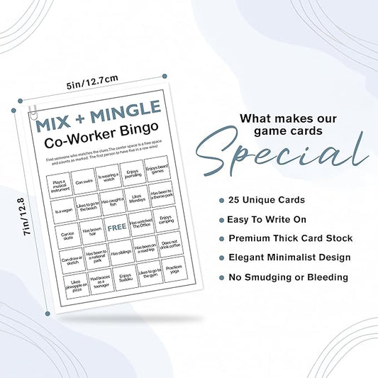 Sahjzk Office Bingo Cards, 25 Unique Randomized 5x7 Sheets, Get to Know You Bingo Game for Adults, Ice Breaker Office Party Games, Team Building Games for Work, High Replay Value - B002