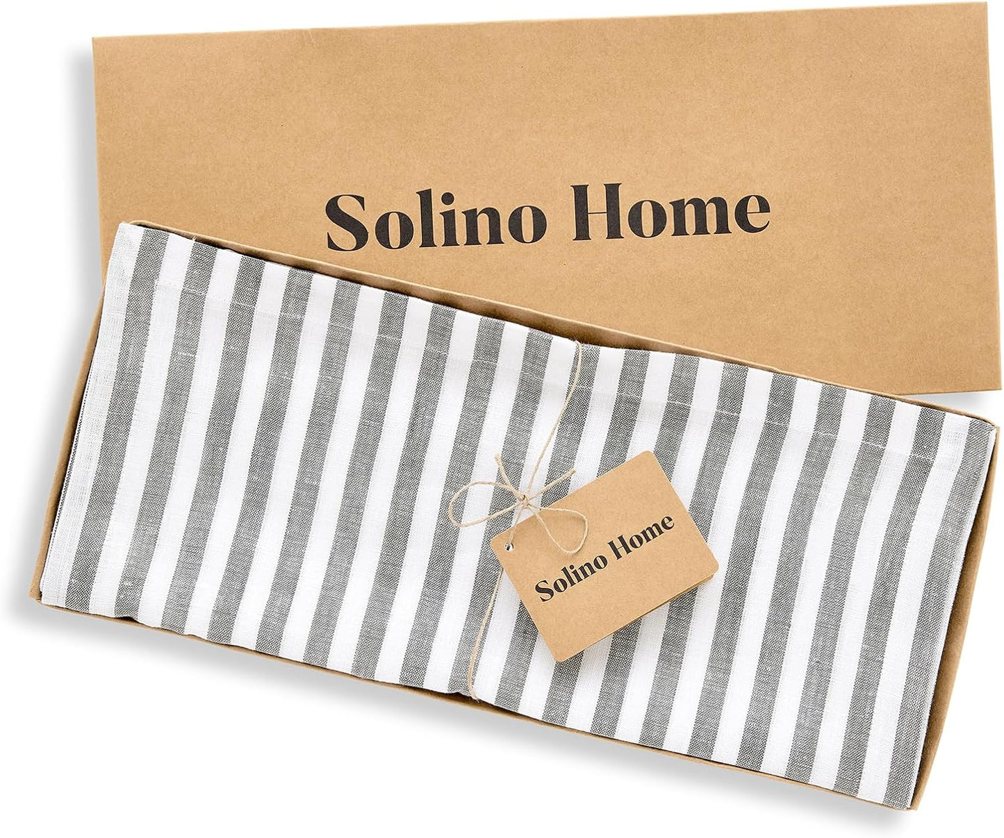 Solino Home Table Runner 108 Inches Long - Amalfi Stripe, 100% Pure Linen Grey and White Table Runner 14 x 108 Inch for Dining, Fall, Autumn
