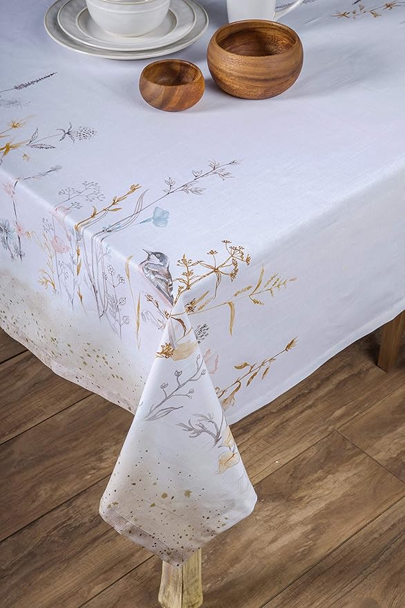 Maison d' Hermine Table Cloth Rectangle Table 100% Cotton 60 x 108 Inches Tablecloth Reusable Decorative for Dining Room Farmhouse Home Valentines Day Decorations Spring Summer- Meadow Florals - Beige