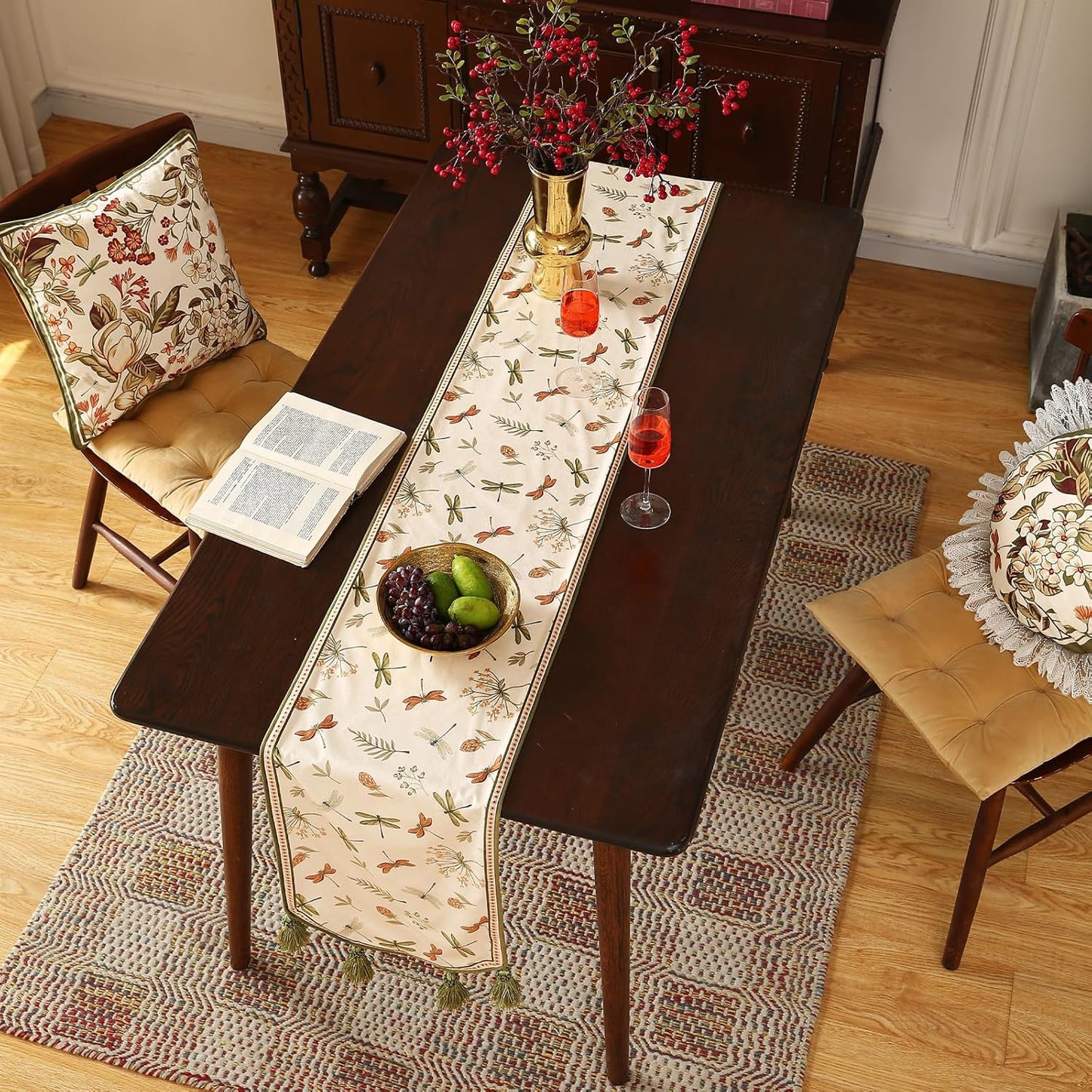 ISAENNE Designer Ivory White Velvet Table Runner 102 Inches Long,Farmhouse Dragonfly and Floral Pattern Table Runners for Dining Tables,Thanksgiving,Kitchen Tables,Christmas,12"*102"-Grace B