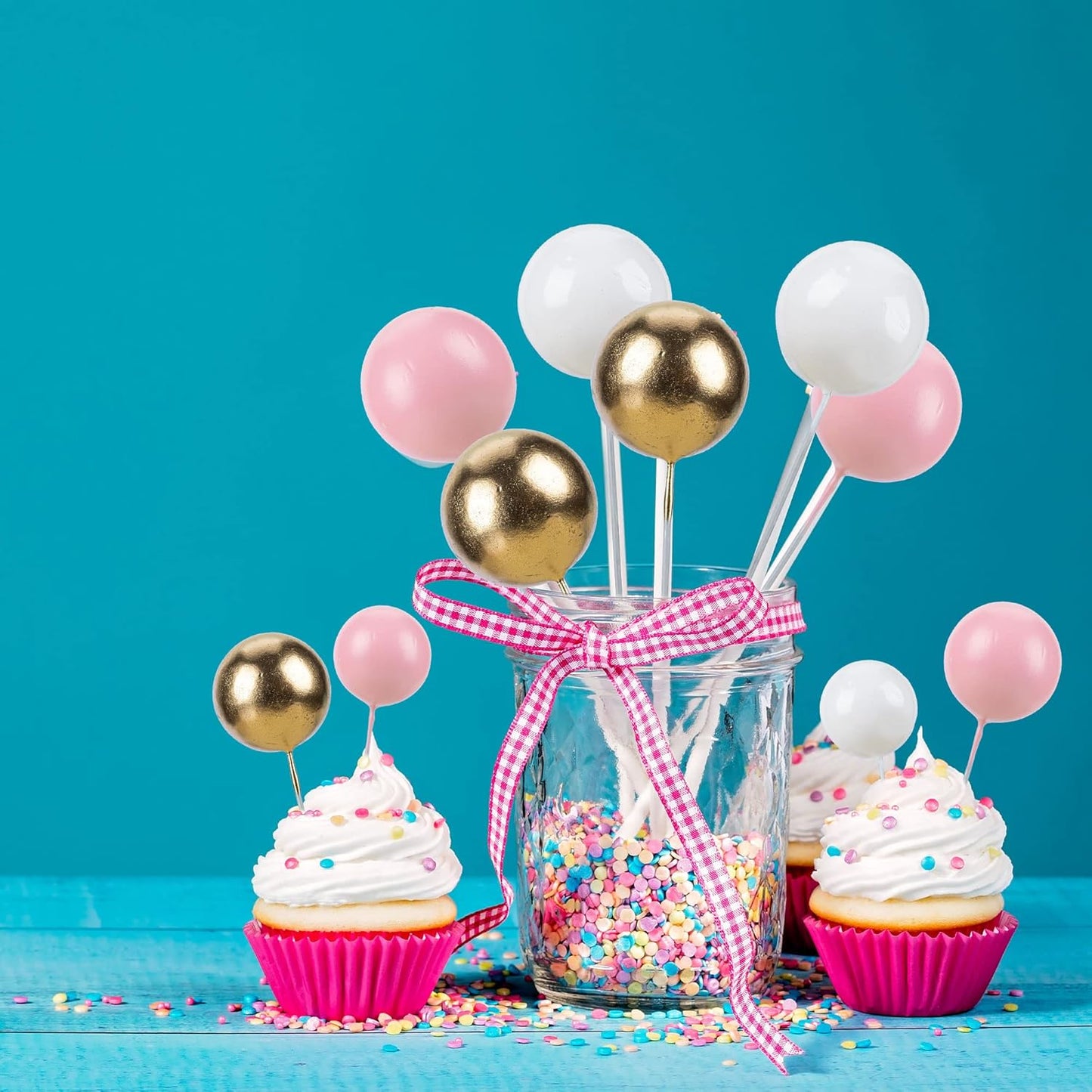Gyufise 30Pcs Mini Balloon Cake Topper Foam Ball Cake Picks Cupcake Faux Pearl Balls DIY Cake Insert Topper Baking Decoration for Anniversary Graduation Birthday Party Baby Shower White Pink Gold