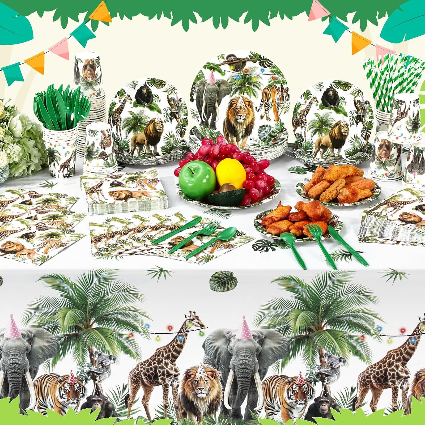 452 Pcs Wild Animals Birthday Party Decorations for 50, Jungle Themed Paper Plates Napkins Cups Tablecloth Cutlery Straws Safari Zoo Tableware Set for Baby Shower Gender Reveal Party Supplies