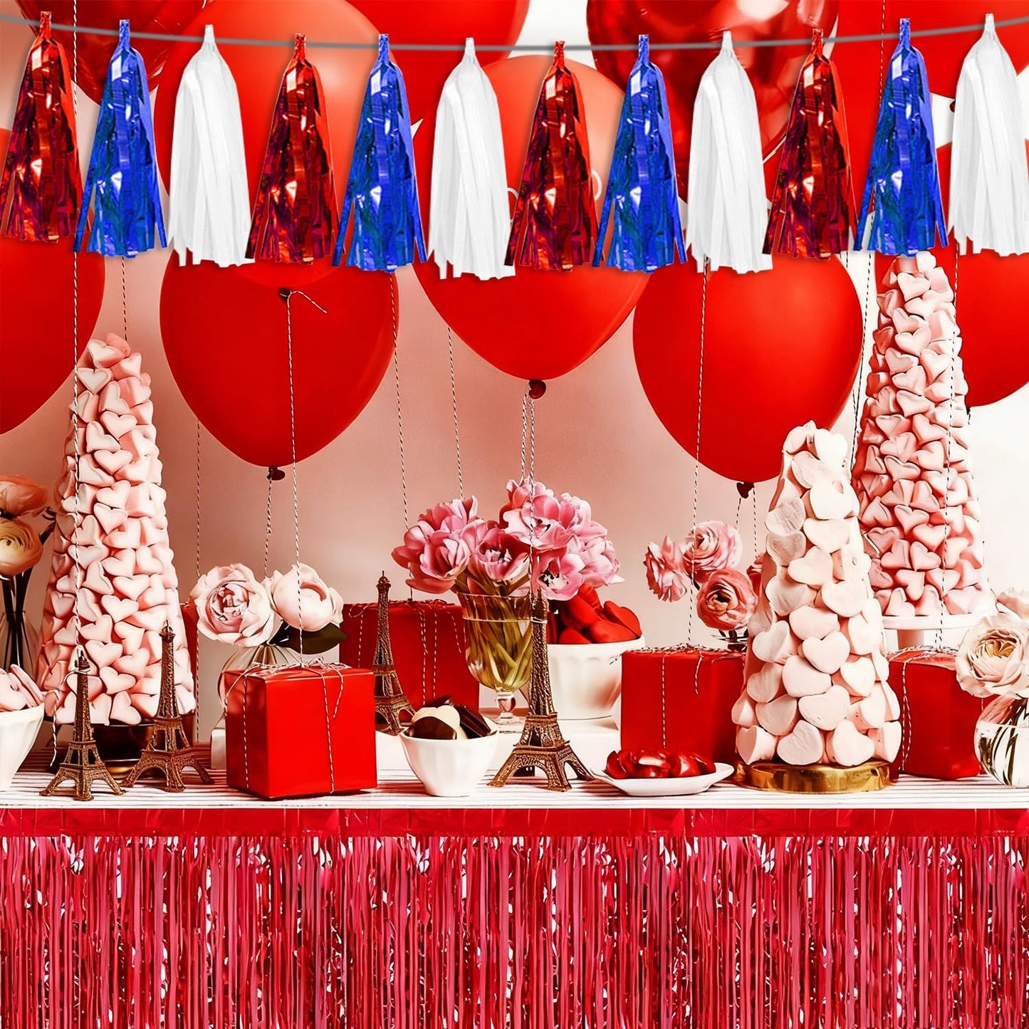 3P White Blue Red Tassel Banner Garland Metallic Foil Fringe Banner Tinsel Streamer Banner Backdrop for Parade Floats Graduation, Independence Day, 4th of july, Patriotic Themed Party Decoration