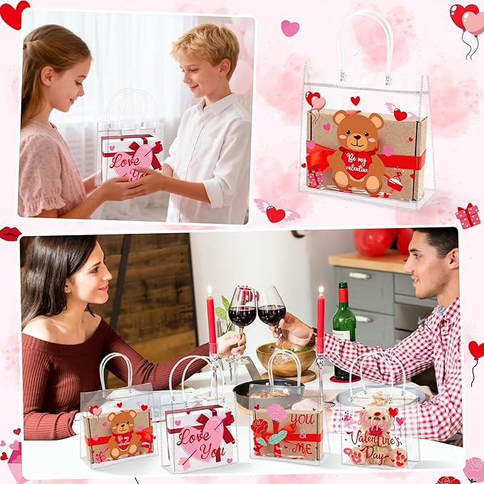 H1vojoxo Valentine's Day Gift Bags - 24PCS Happy Valentine's Day Clear PVC Gift Bags with Handle 7.9x3.2x7.9 Inches Reusable Valentines Candy Goodie Bags for Classroom Kids Gift Exchange Party Favors
