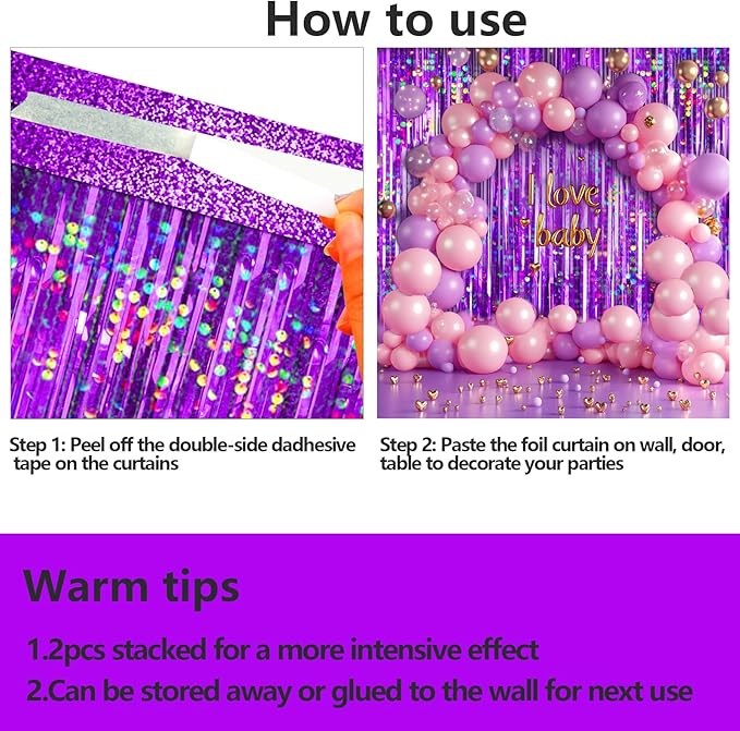4 Packs Purple Foil Fringe Curtain, Purple Glitter Metallic Tinsel Backdrop for Birthday, Wedding, Baby Shower, Princess Bachelorette Christmas New Year Party Decorations Supplies