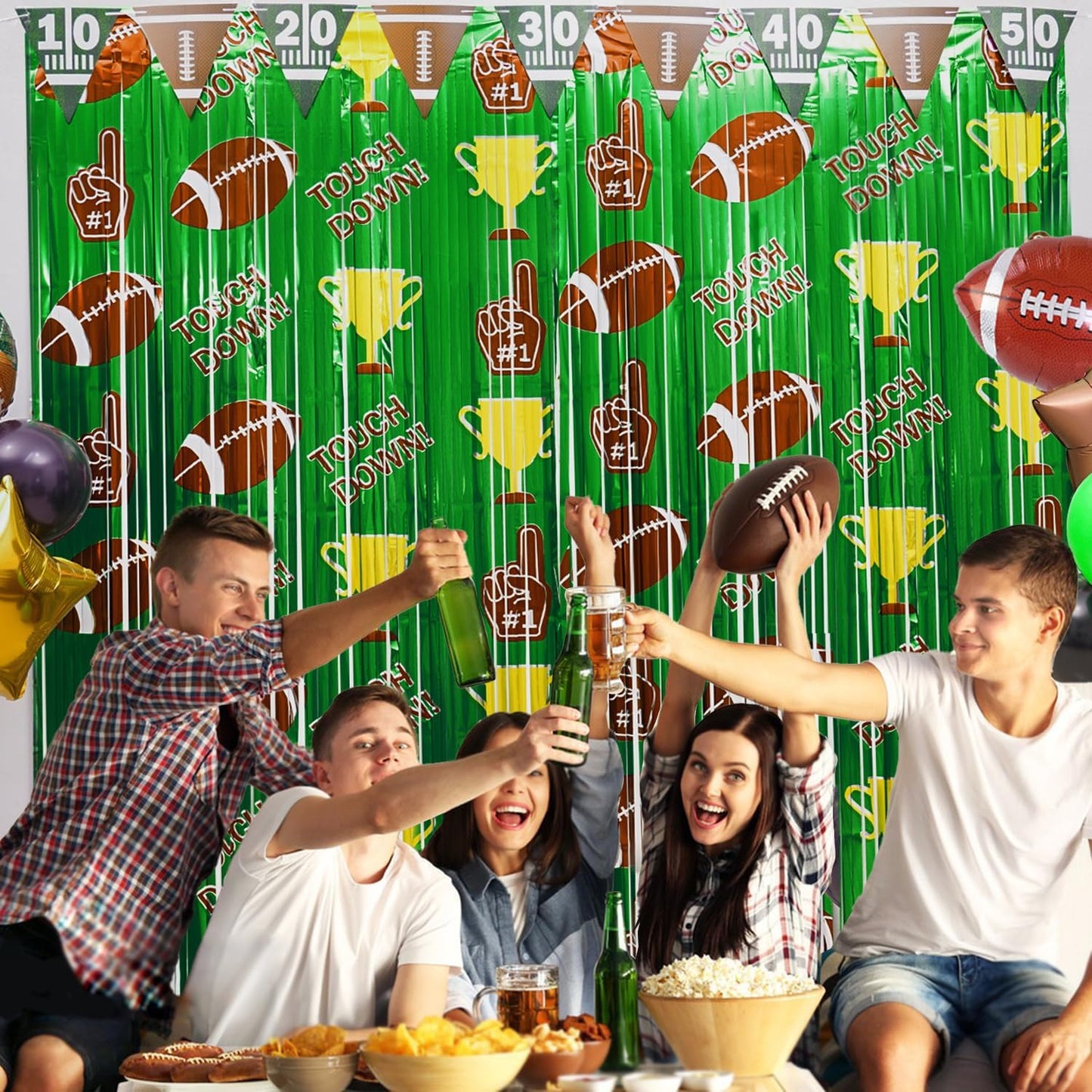 Football Party Decorations, Including 2 Pack Foil Fringe Curtains, 22pcs Party Balloons & 1Pcs Banner for Sunday Night Football Game Day Party Photo Props