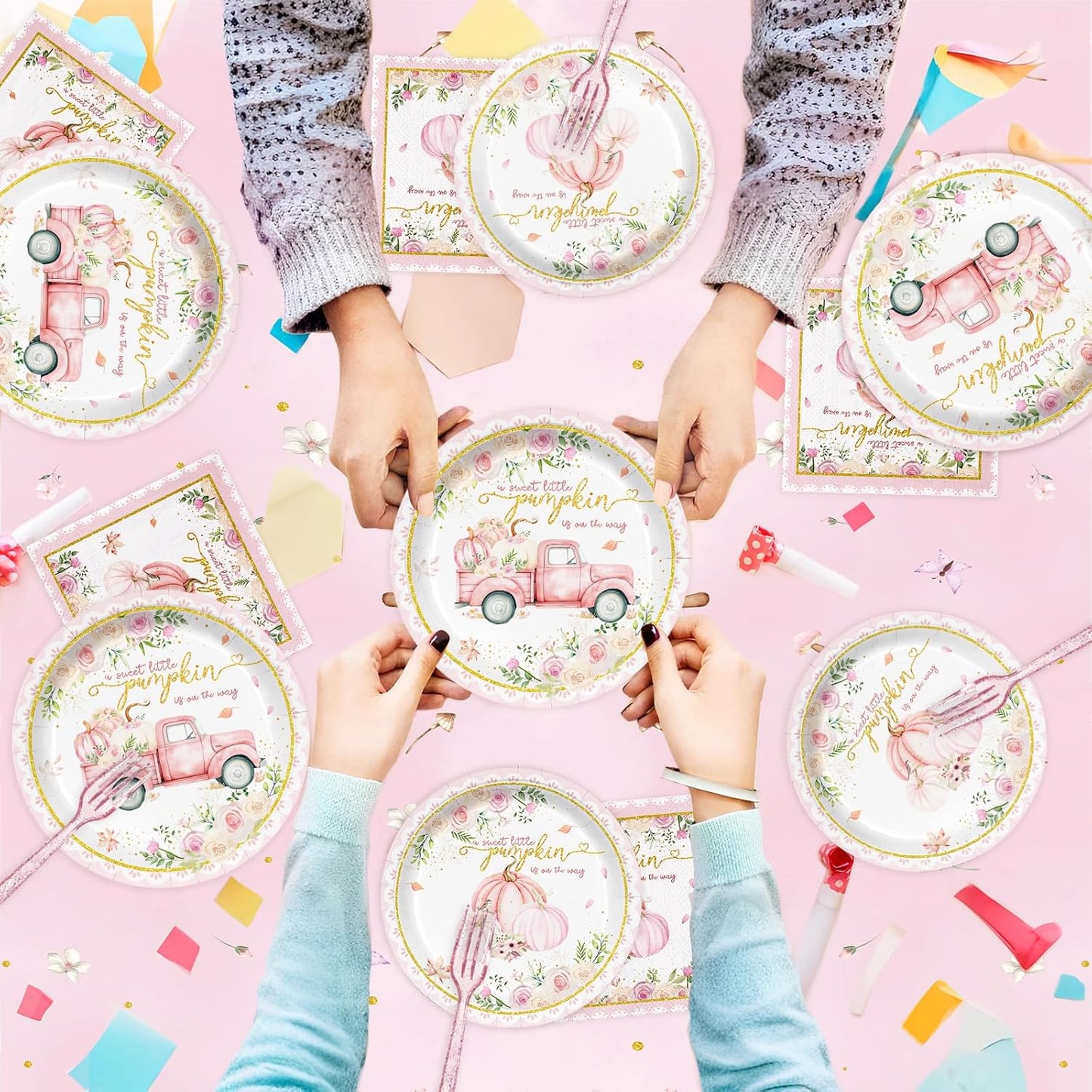 168PCS Pink Pumpkin Baby Shower Party Supllies for Girls Sweet Fall Floral Birthday Party Decorations Thanksgiving Tableware Plates Cups Napkins Cups Forks Knives and Straws Dinnerware for 24 Guests