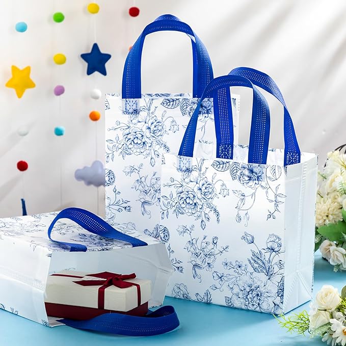 HunnmingRe 30 Pcs Blue Floral Gifts Bags Chinoiserie Wedding Welcome Bag Bulk Reusable Non Woven Tote Handbag for Bridal Baby Shower Birthday Tea Party Supplies