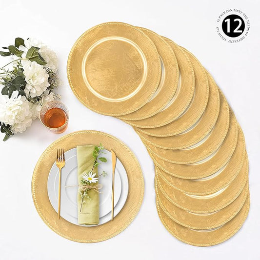 MAONAME Gold Charger Plates Set of 12, Foil 13" Plate Chargers with Beaded, Plastic Round Chargers for Dinner Plates, Table Setting