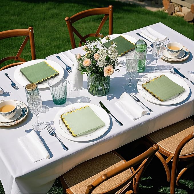 100 Pcs Green Cocktail Napkins with Gold Foil Scalloped Edges 5 x 5 Inch Dessert Napkins Disposable Thick Paper for Wedding Dinner Birthday Party