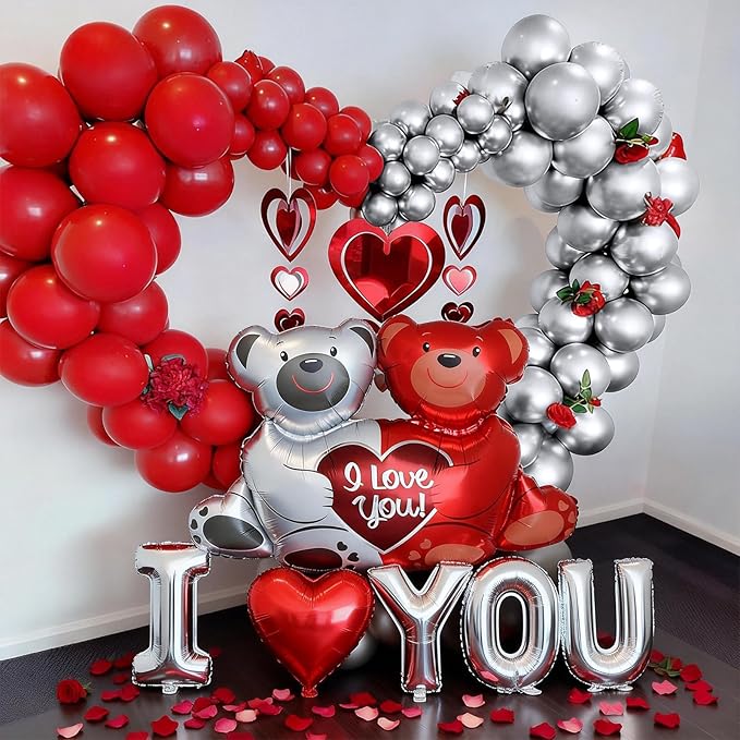 Valentines Day Balloon Arch Kit, Red and Silver Balloon Garland with Large Bear/I YOU/Heart Foil Balloons for Galentines Mothers Day Wedding Engagement Anniversary Valentines Party Decorations