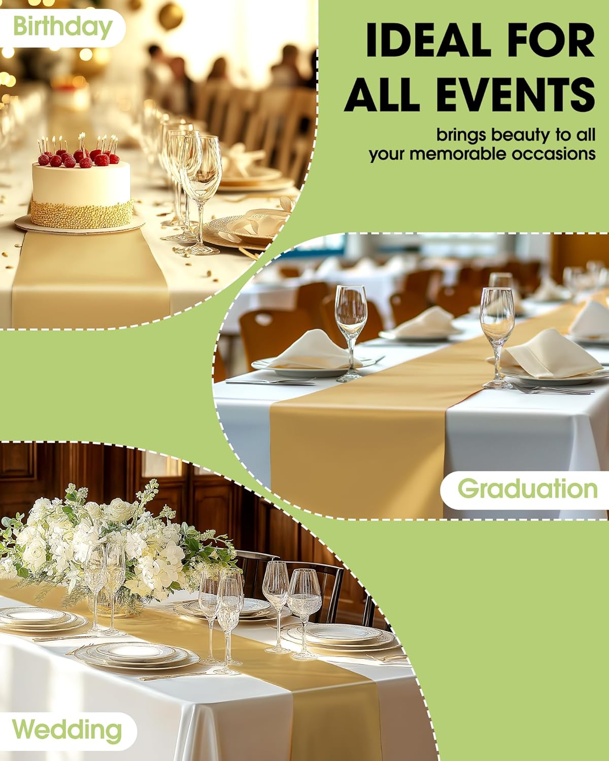 Pureegg Gold Plastic Table Runners - 12 Pack, 14'' x 108'', Water Resistant & Disposable Centerpiece Decorations for Table Cloth, Wedding, Birthday, Holiday, Baby Shower, Party, Home Decor