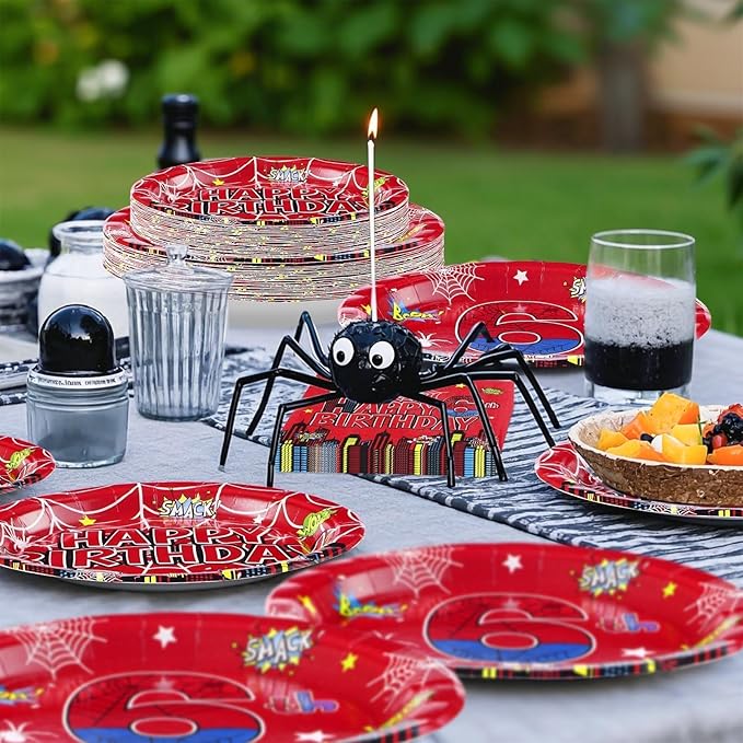Grencian 96Pcs Halloween Cartoon Spider Birthday Party Decorations Red Blue Spider Birthday Party Plates Disposable Super Theme Paper Tableware Set for Spider Decorations Serves 24