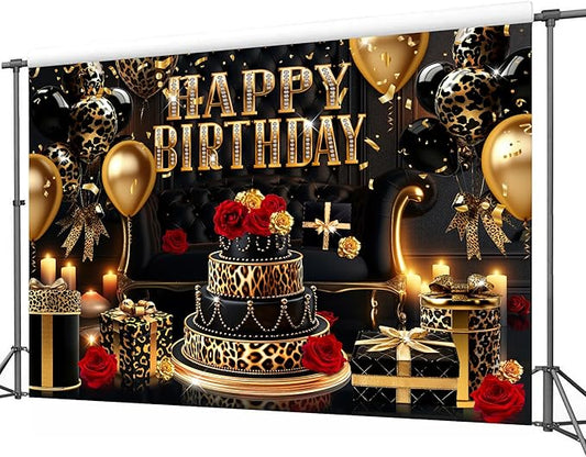 Homewelle Happy Birthday Backdrop for Women 7Wx5H Feet Black Gold Leopard Print Cheetah Balloon Banner Decoration Red Rose Party Celebration Photography Background Photo Shoot Props Polyester Fabric