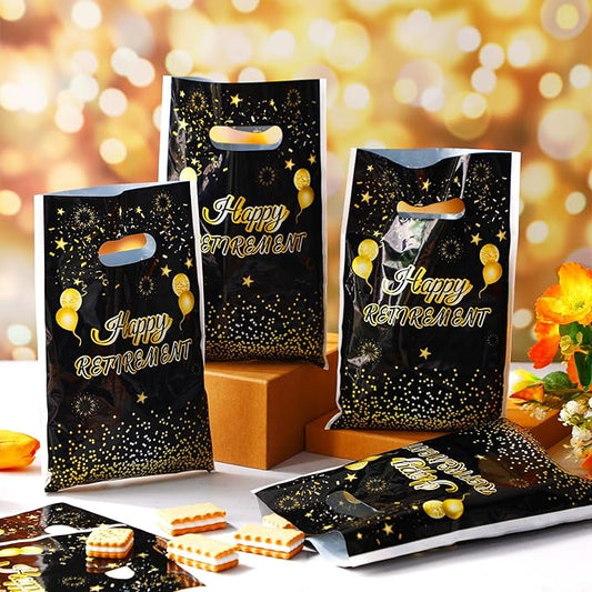 Supervitae 100 Pcs Happy Retirement Plastic Gift Bags Retirement Party Favor Bags Bulk with Handles for Men Women Office Coworker Snacks Goodie Candy Treat Farewell Going Away Party Supplies