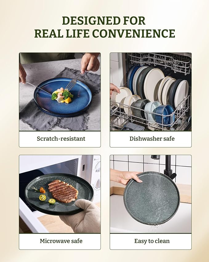 famiware Star Salad Plates for 6, 8 inches Plate Set, Stoneware Dinnerware, Small Dinner Plates for Dessert, Salad, Appetizer,Deep Forest