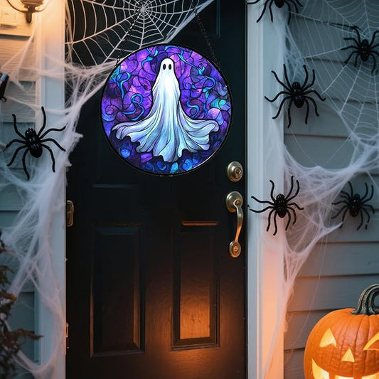 Stained Glass Window Hanging - Halloween Decoration Fantasy Ghost Suncatcher for Door Garden Spooky Blue Purple Sun Catchers Gothic Decor Horror Gifts for Women Men Friend Boy Girl 11.8 in