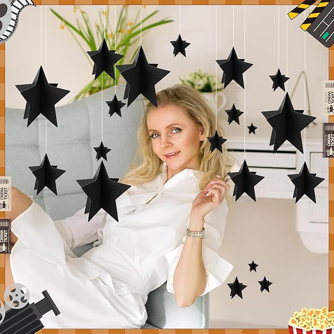 70 Pcs Black Star Centerpieces for Movie Night Party Decorations 3D 2025 Graduation Table Decor 3 Sizes 8" 5" 3" Red Carpet Film Show Theme Birthday Party Back to School Table Decor