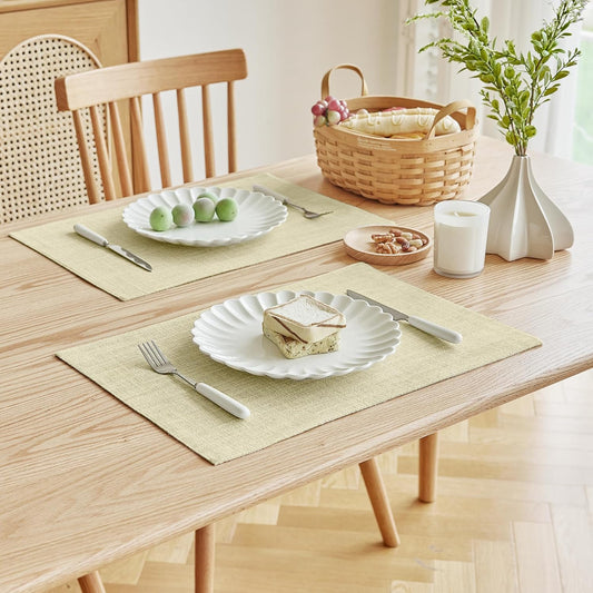 Softalker Faux Linen Placemats Set of 4-12 x 18 Inch, Heat Resistant Double Layered Durable Burlap Farmhouse Place Mats, Non-Slip Washable Rustic Table Mats for Dining, Kitchen, Party(Light Linen