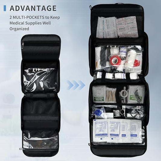 First Aid Bag Empty, Compact and Portable Medical Supplies Organizer with Multiple Compartments, Emergency Trauma Bag for Travel, Camping, Hiking, Car, Travel and Home Use, Black(Bag Only)