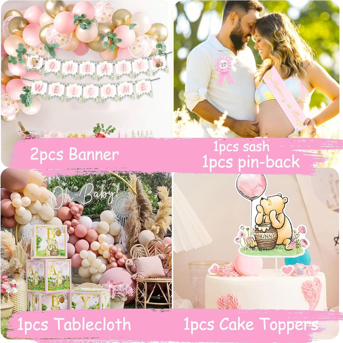 158pcs Pink Classic Winnie Baby Shower Decorations Kit, Vintage Winnie Party Supplies Decorations, Classic Pooh Backdrop Cake Topper, Winnie Baby Tablecloth Box Decorations for Girl Boy Baby Shower