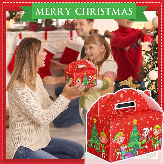24 Pcs Christmas Treat Boxes Candy Goodie Cookie Gingerbread House Snowman Snowflake Christmas Party Favor Box Containers for Winter Holiday Party Favor Supplies