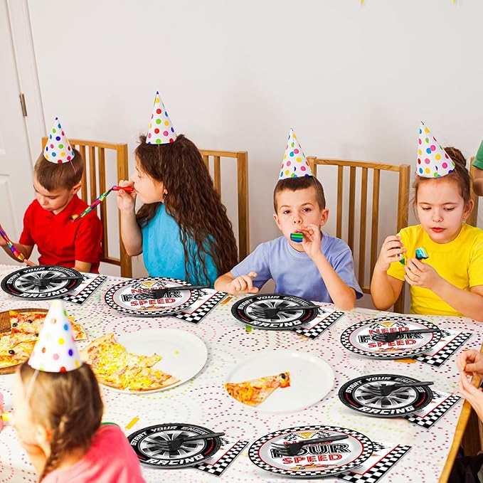 96Pcs Racing Car 4th Birthday Party Paper Plates and Napkins for Need Four Speeed Dessert Cake Plate Disposable Decor Racing Checkered Flag Tableware for Boy Kids Race Car 4 Years Birthday Decorations